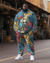 Men's Large Size Tracksuit Skull Graffiti Hoodie and Pants Set