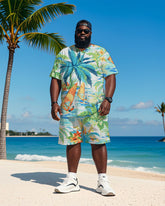 Big & Tall Men's Hawaiian Coconut Sailing Graffiti Print Crewneck Short Sleeve T-Shirt Shorts Suit