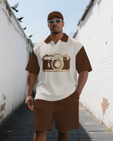 Big and Tall Men's Splicing Style Camera Printed Retro Short-Sleeve Polo Shirt Shorts Set