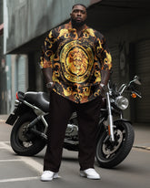 Pattern Lion Head Pattern Long Sleeve Lel Shirt 2 Piece Set Men's Plus Size