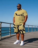 Men's Street Fashion Simple Letter Stripe Printed Big & Tall Short Sleeve Polo Shirt Shorts Set