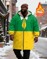 Big & Tall Men's Green And Yellow Tie Shirt Cosplay Printed Velvet Thickened Long Hooded Coat