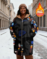 Women's Black Grey Abstract Face Color Beaded Print Velvet Thickened Long Hooded Coat