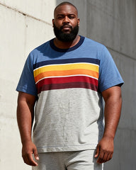 Big & Tall Men's Blue Grey Gradient Rainbow Stripe Printed Round Neck Short Sleeve T-Shirt Shorts Set