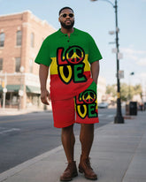 Men's Plus Size Green Yellow Red Colorblock Love Letter Print Short Sleeve Polo Shirt Shorts Suit