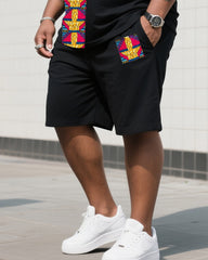 Men's Plus Size Black Creative Stripe Print T-Shirt Shorts Suit