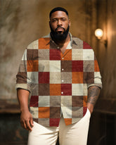 Big & Tall Men's Vintage Brown Plaid Art Print Long Sleeve Bamboo Hemp Texture Shirt