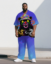 Big and Tall Man's Casual Fashion Bear Gradient Style Short Sleeve Shirt Pants 2-Piece Set