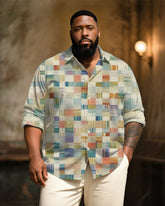 Big & Tall Men's Vintage Green Crayon Plaid Art Print Long Sleeve Bamboo Hemp Texture Shirt