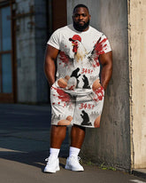 Big Men's Satire Abstract Rooster Traffiti Printed Casual Short Sleeve T-Shirt Shorts Set