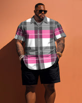 Big Build Men's Pink Plaid Print Short Sleeve Shirt Shorts Set