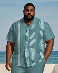 Big & Tall Men's Hawaiian Holiday Blue Striped Leaf Print Shirt Shorts Suit