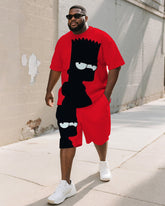 Men's Plus Size Black Red Cartoon Print Short Sleeve T-shirt Shorts Suit