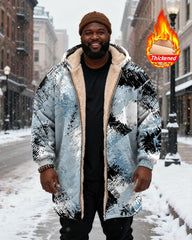 Big & Tall Men's Blue Graffiti Print Velvet Thickened Long Hooded Coat