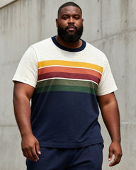 Big & Tall Men's Retro Gradient Rainbow Stripe Print Round Neck Short Sleeve T-Shirt Shorts Set