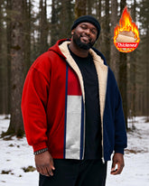 Big & Tall Men's Red, Blue And White Contrast Stitching Printed Velvet Padded Zipper Hoodie