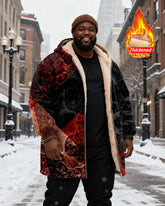 Big & Tall Men's Red And Black Crack Graffiti Print Velvet Thickened Long Hooded Coat