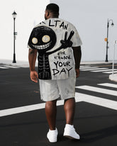 Men's Happy Ghost Illustration Your Day Back Print Big & Tall Cool Short-Sleeve T-shirt Shorts Set