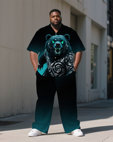 Men's Big Size Cartoon Soldier Bear Theme Simple Casual Fashion Short Sleeve Shirt Pants Set