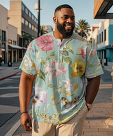 Men's Plus Size Hawaiian Green Butterfly Floral Print Henry Collar Button Short Sleeve Tee