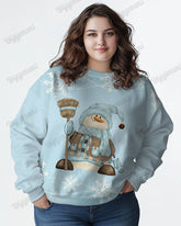 Women's Plus Size Retro Snowman Snowflake Print Long Sleeve Sweatshirt