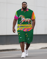 Big Guy's Dreamy Animal Running Horse Printed Casual Short-Sleeve Polo Shirt & Shorts Set