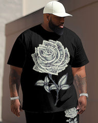 Big Men's Street Fashion Money Rose Print T-Shirt Trousers Set