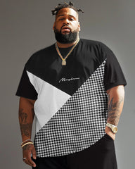 Men's Large Color-block Houndstooth Crewneck Short-sleeve T-shirt