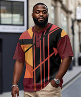 Men's Plus Size Daily Casual Black Red Orange Stitching Geometric Print Henry Collar Button Short Sleeve T-Shirt
