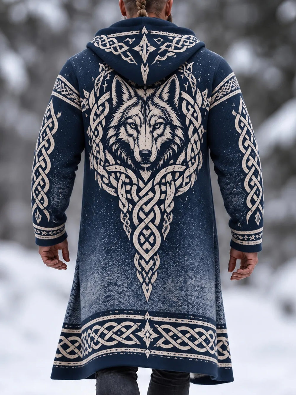 Men's Viking Wolf Celtic Knot Art Print Mid-length Warm Coat