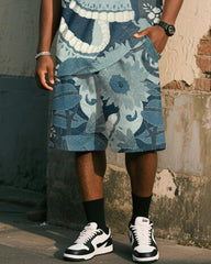 Big & Tall Men's Blue Denim Skull Print Vest Shorts Suit