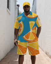 Big Men's Vibrant Orange Printed Summer Casual Short-Sleeve Polo Shirt & Shorts Set