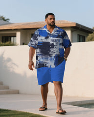 Men's Plus Size Summer Cool Blue Retro Short Sleeve Shirt Shorts Suit