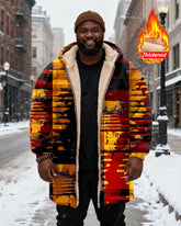 Big & Tall Men's Red And Yellow Contrast Abstract Graffiti Printed Velvet Thickened Long Hooded Coat