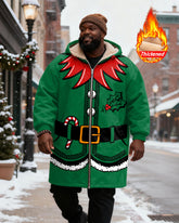 Big & Tall Men's Green Christmas Elves With Candy Cane Printed Velvet Thickened Long Hooded Coat