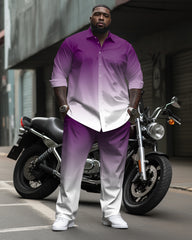 Big Tall Men's Purple Gradient Long Sleeve Lapel Shirt and Pants Set