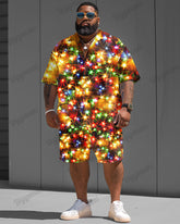Men's Plus Size String Light Print Short Sleeve Shirt Shorts Suit
