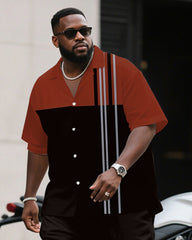 Men's Plus Size Business Black Red Striped Print Short Sleeve Shirt Trousers Suit