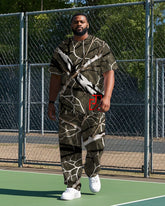 Men's Big & Tall Natural Style Retro Branch Printed Casual Short Sleeve T-shirt Pants 2-piece Set