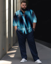 Business Light And Shadow Gradient Print Long Sleeve Lapel Shirt 2 Piece Set Men's Plus Size