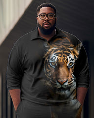 Men's Plus Size Tiger Zip Up Polo Shirt & Pants Two Piece Set