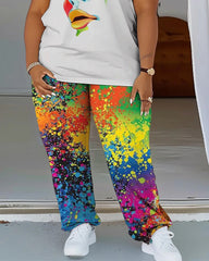 Women's Plus Size Color Printing T-Shirt and Trousers Suit