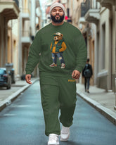 Men's Casual Green Graffiti Bear Alphabet Print Plus Size Sweatshirt Suit