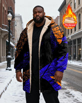 Big & Tall Men's Black And Purple Graffiti Printed Velvet Padded Long Hooded Coat