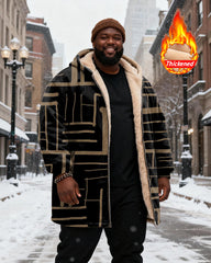 Big & Tall Men's Simple Line Maze Pattern Printed Velvet Thickened Long Hooded Coat