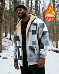 Big & Tall Men's Blue Square Gradient Print Velvet Thickened Zipper Hoodie