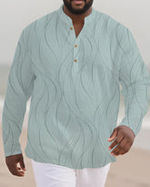 Big & Tall Men's Green Wave Stripe Print Bamboo Hemp Texture Henry Collar Long Sleeve Shirt