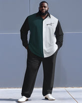 Men's Plus Size Green White Black Colorblock Letter Print Long Sleeve Shirt Trousers Suit