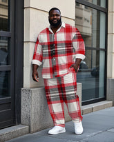 Big Men's Classic Black & Red Plaid Printed Casual Business Long Sleeve Shirt Pants Set