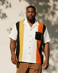 Big & Tall Men's Business Black Yellow Orange Stripe Colorblock Printed Pocket Short Sleeve Shirt Pants Suit
